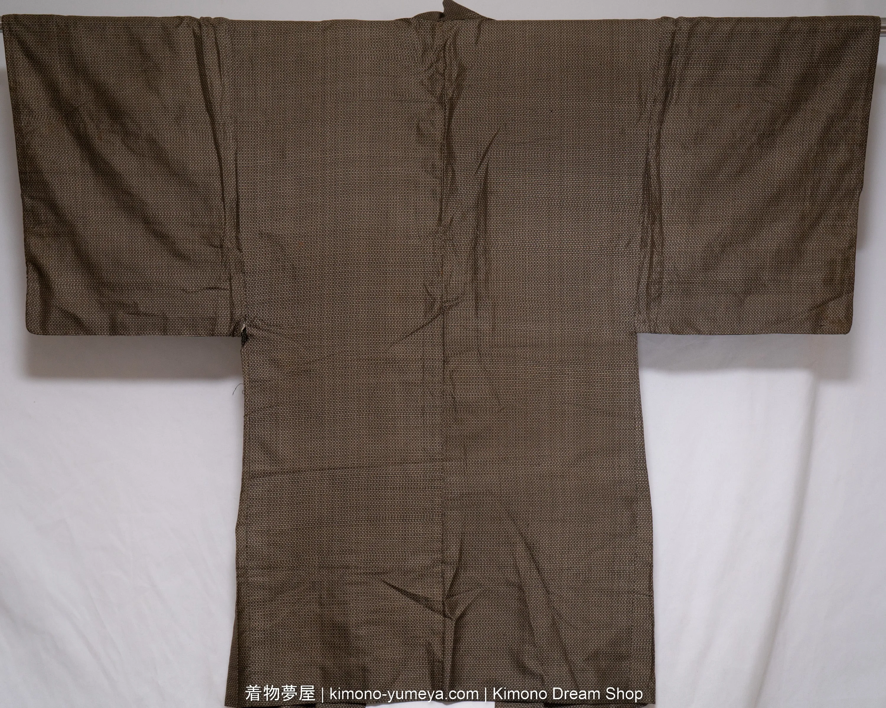 Shiny Oshima Tsumuji Men's Haori - Brown & Black Woven Geometric Pattern - Vintage Soft Silk Kimono Jacket