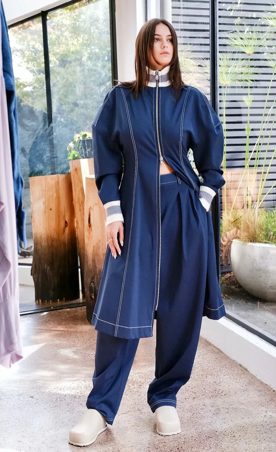 Slouchy Track Coat Dress in Navy Ponte