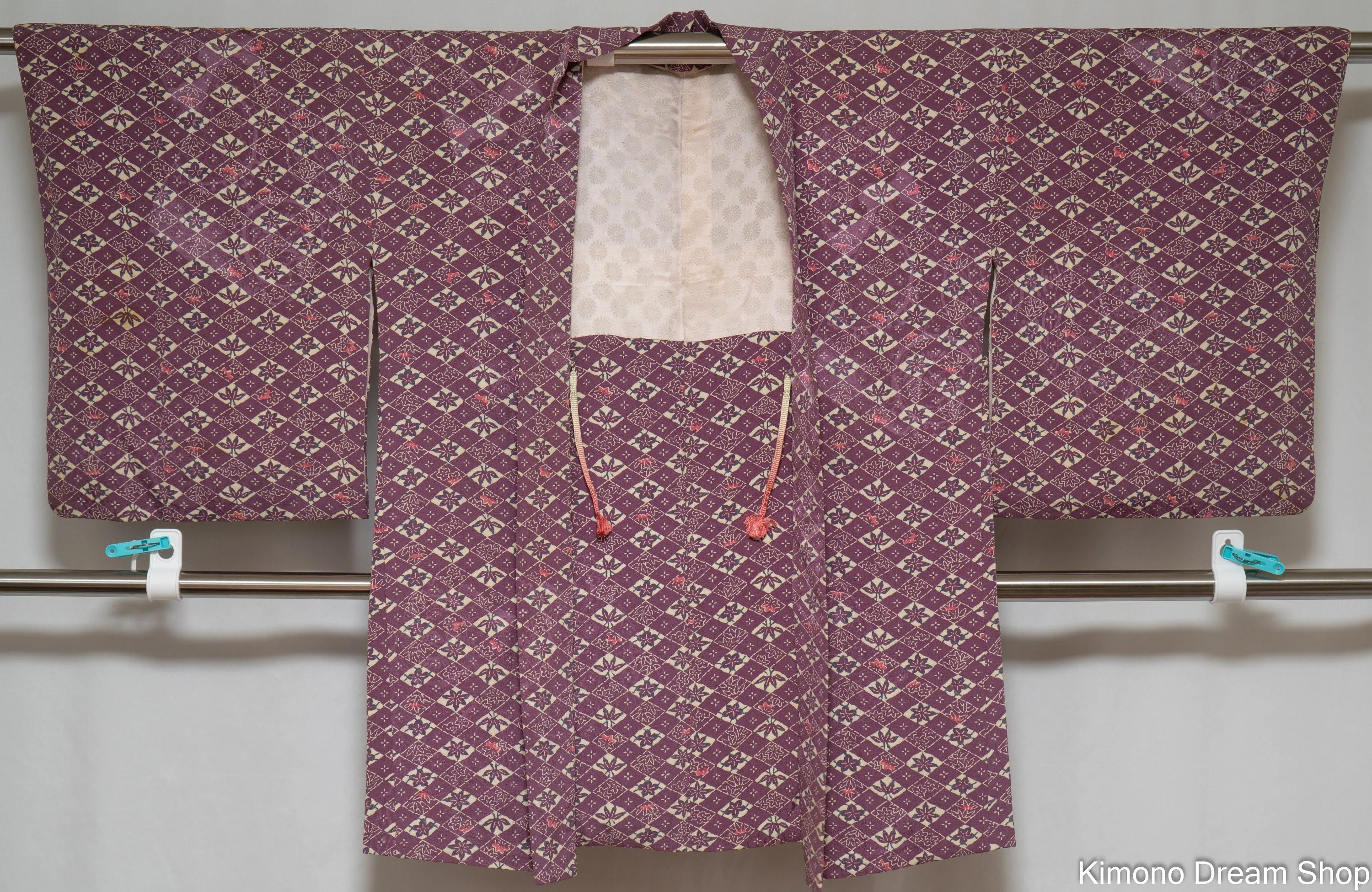 Soft Silk Purple Haori - Vintage Kimono Jacket - Hishi Diamond Patterns with Various Flowers and Leaves Inside - Maple Bamboo Sakura