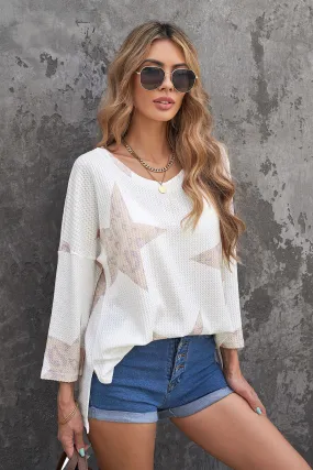 Star Print Waffle Knit Side Slit Top