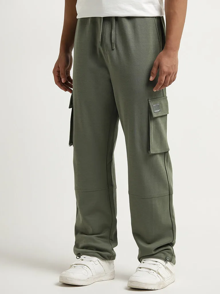 Studiofit Olive Cargo-Style Mid-Rise Relaxed-Fit Pants