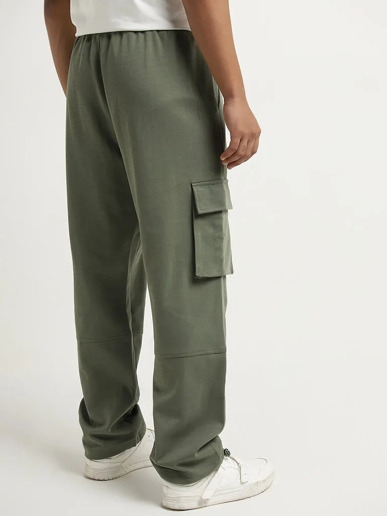 Studiofit Olive Cargo-Style Mid-Rise Relaxed-Fit Pants