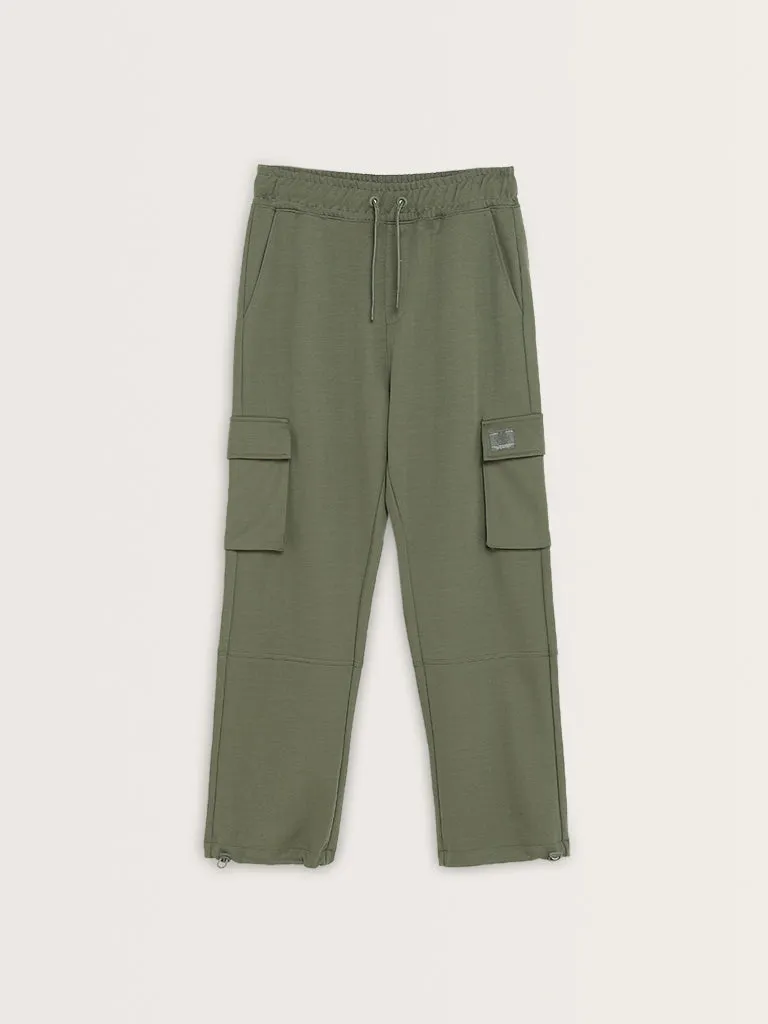 Studiofit Olive Cargo-Style Mid-Rise Relaxed-Fit Pants