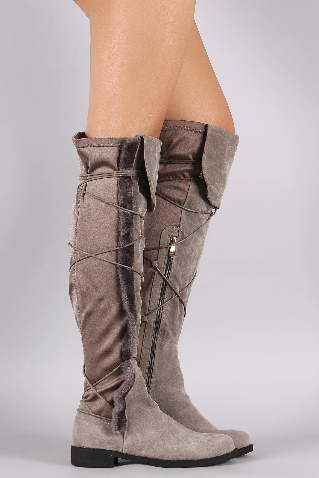 Suede Side Fur Trim Lace Up Riding Boots