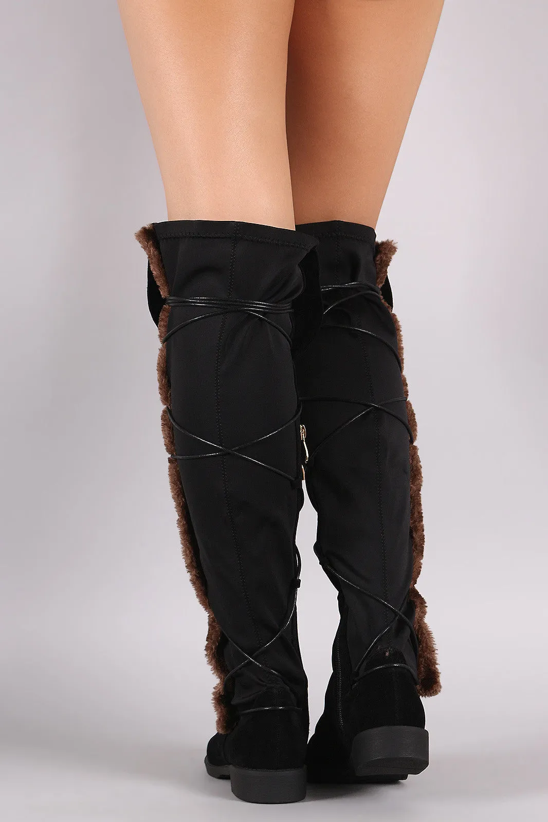 Suede Side Fur Trim Lace Up Riding Boots