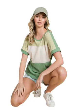 TEEK - Green Multicolor Block Short Sleeve Top