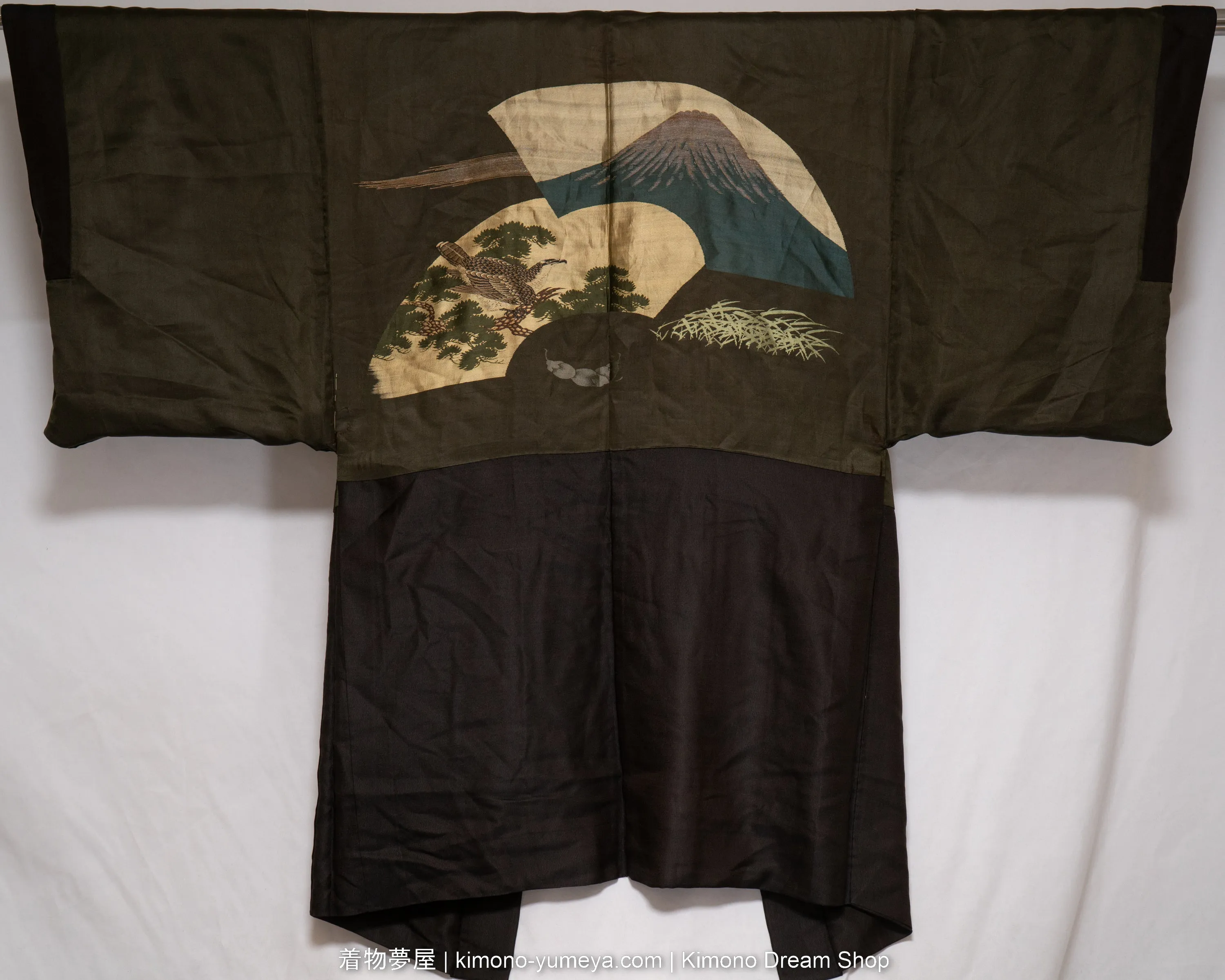 Unique 1950s Men's Haori - High Quality Silk Brown Kimono Jacket - Gorgeous Vintage Woven Lining with Mount Fuji & Hawk