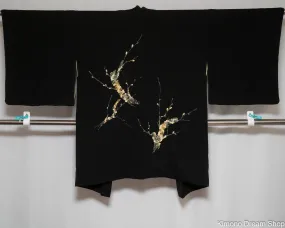 Unique Embroidery Black Haori - Trees Hand Embroidered onto Japanese Kimono Jacket - Vintage Silk Clothing