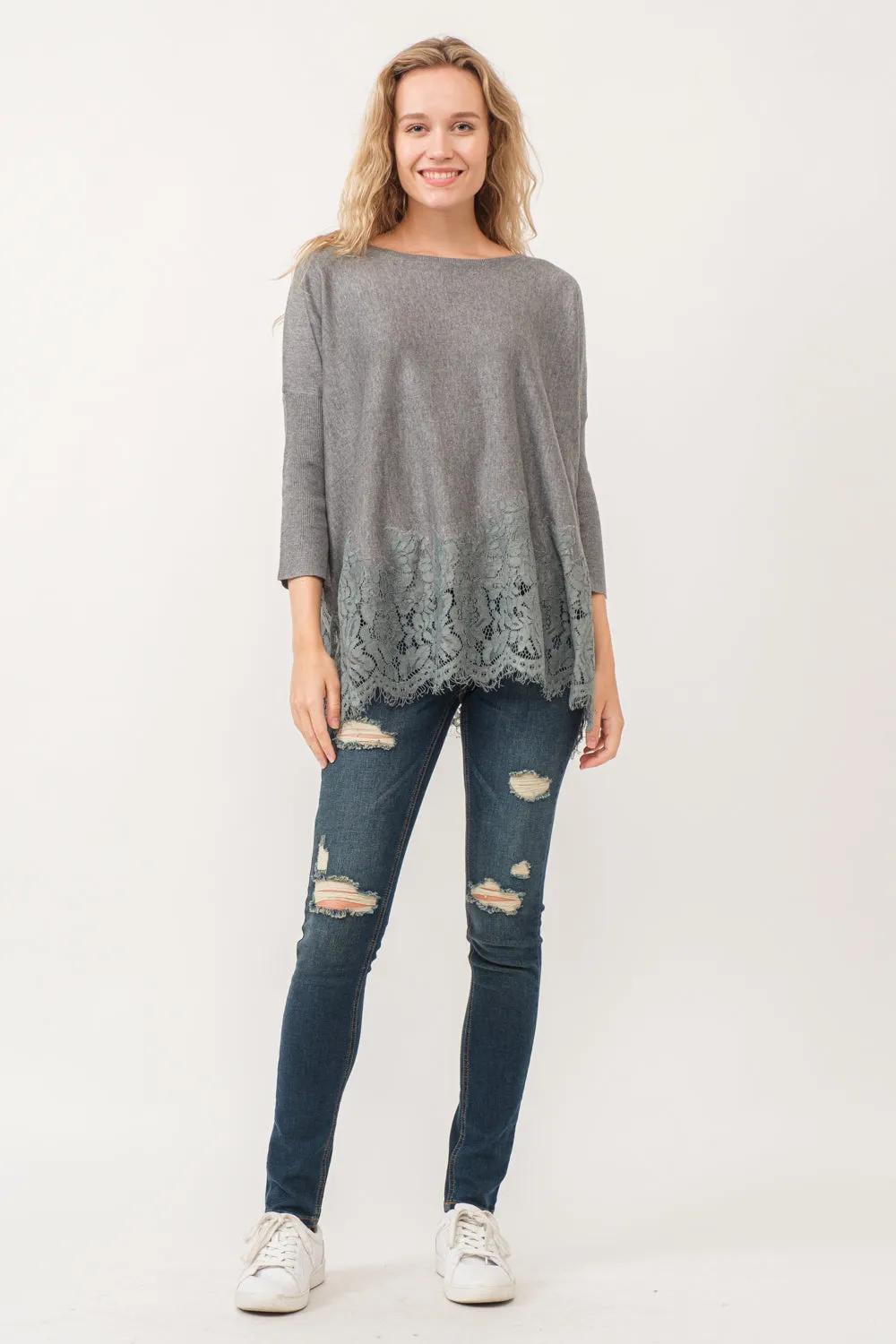 VALERIE CREWNECK DOLMAN SLEEVE TOP WITH LACE BORDER