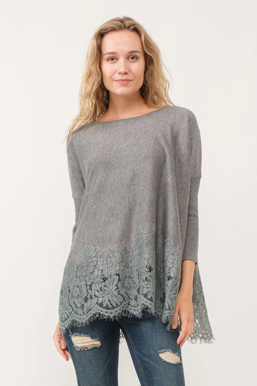 VALERIE CREWNECK DOLMAN SLEEVE TOP WITH LACE BORDER