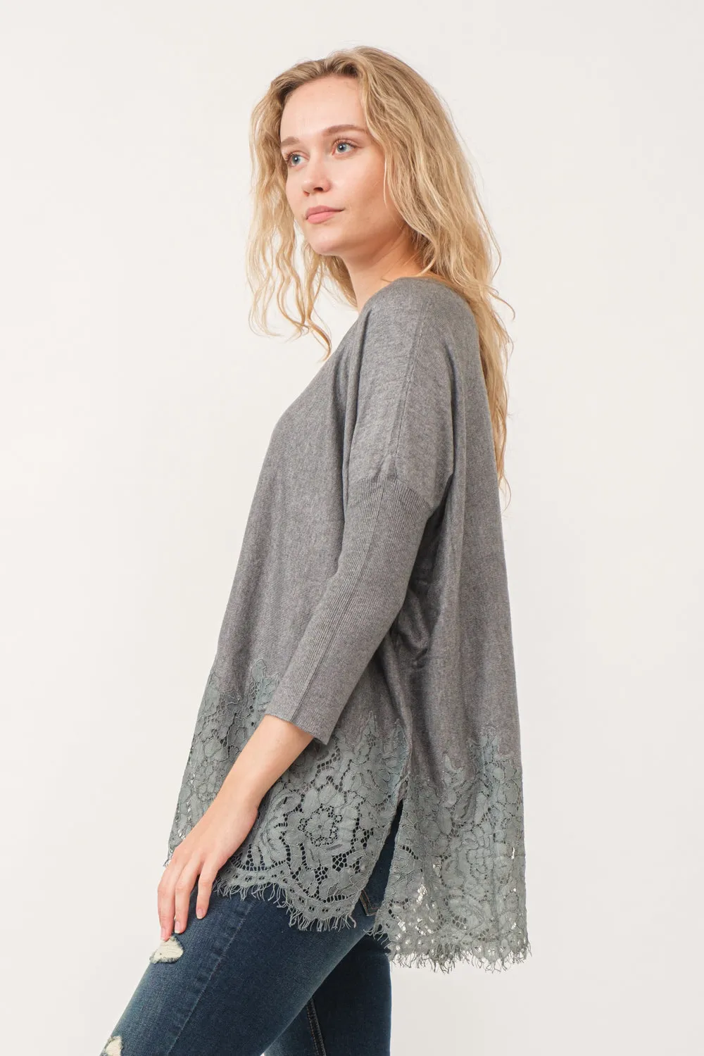 VALERIE CREWNECK DOLMAN SLEEVE TOP WITH LACE BORDER