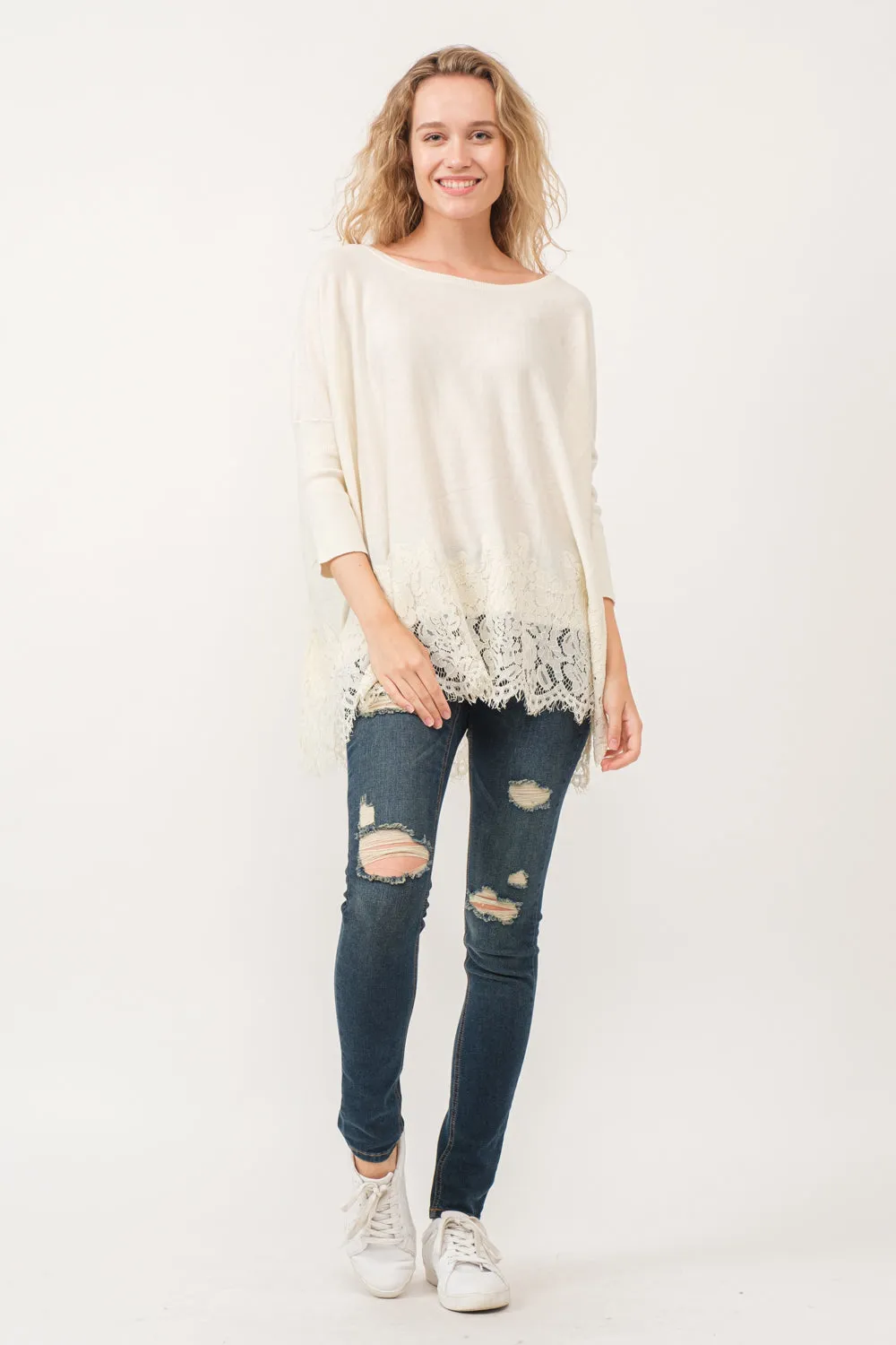 VALERIE CREWNECK DOLMAN SLEEVE TOP WITH LACE BORDER