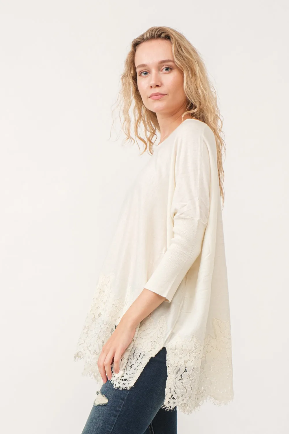 VALERIE CREWNECK DOLMAN SLEEVE TOP WITH LACE BORDER