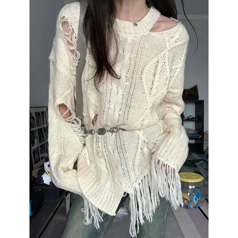 Vevesc Vintage Hollow Out Beige Sweaters Women Boho Style Aesthetic Tassels Knitted Pullovers Grunge Irregular Jumper Punk