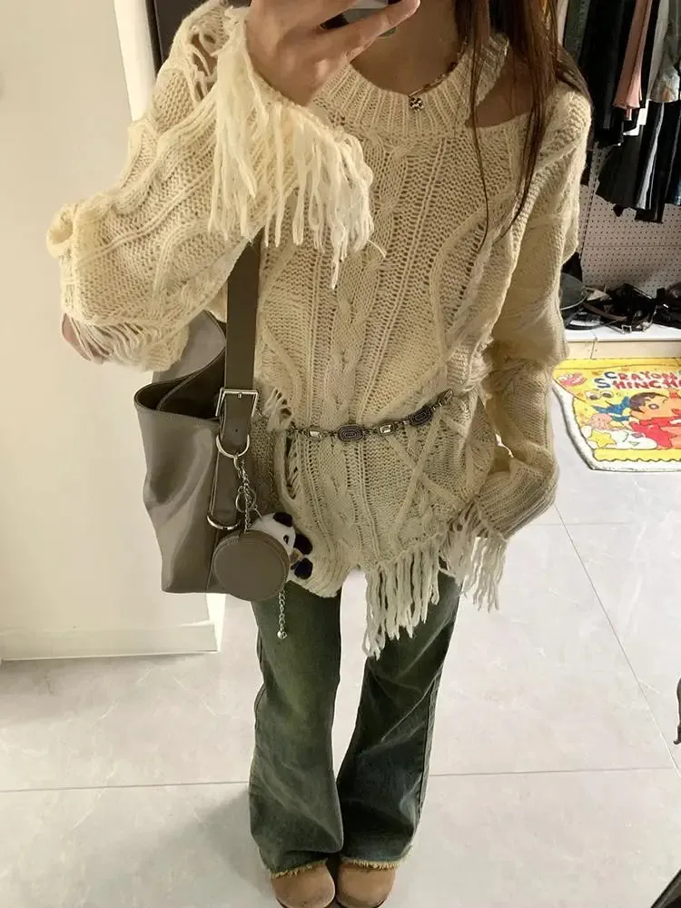 Vevesc Vintage Hollow Out Beige Sweaters Women Boho Style Aesthetic Tassels Knitted Pullovers Grunge Irregular Jumper Punk