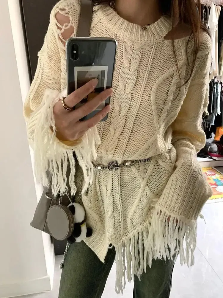 Vevesc Vintage Hollow Out Beige Sweaters Women Boho Style Aesthetic Tassels Knitted Pullovers Grunge Irregular Jumper Punk