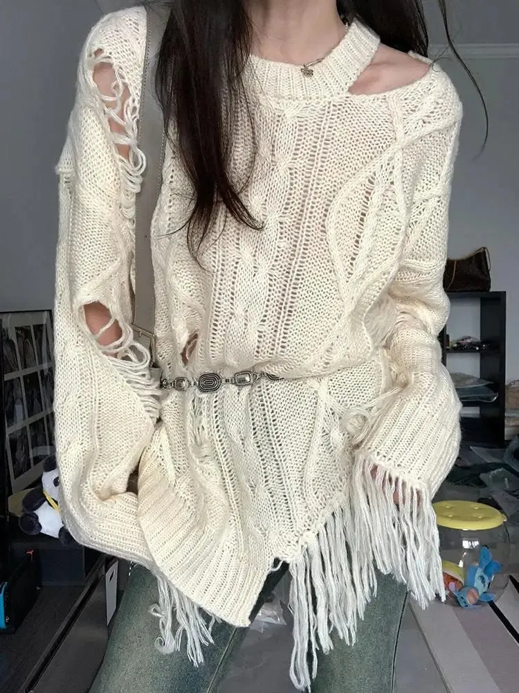 Vevesc Vintage Hollow Out Beige Sweaters Women Boho Style Aesthetic Tassels Knitted Pullovers Grunge Irregular Jumper Punk