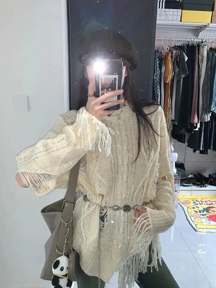 Vevesc Vintage Hollow Out Beige Sweaters Women Boho Style Aesthetic Tassels Knitted Pullovers Grunge Irregular Jumper Punk