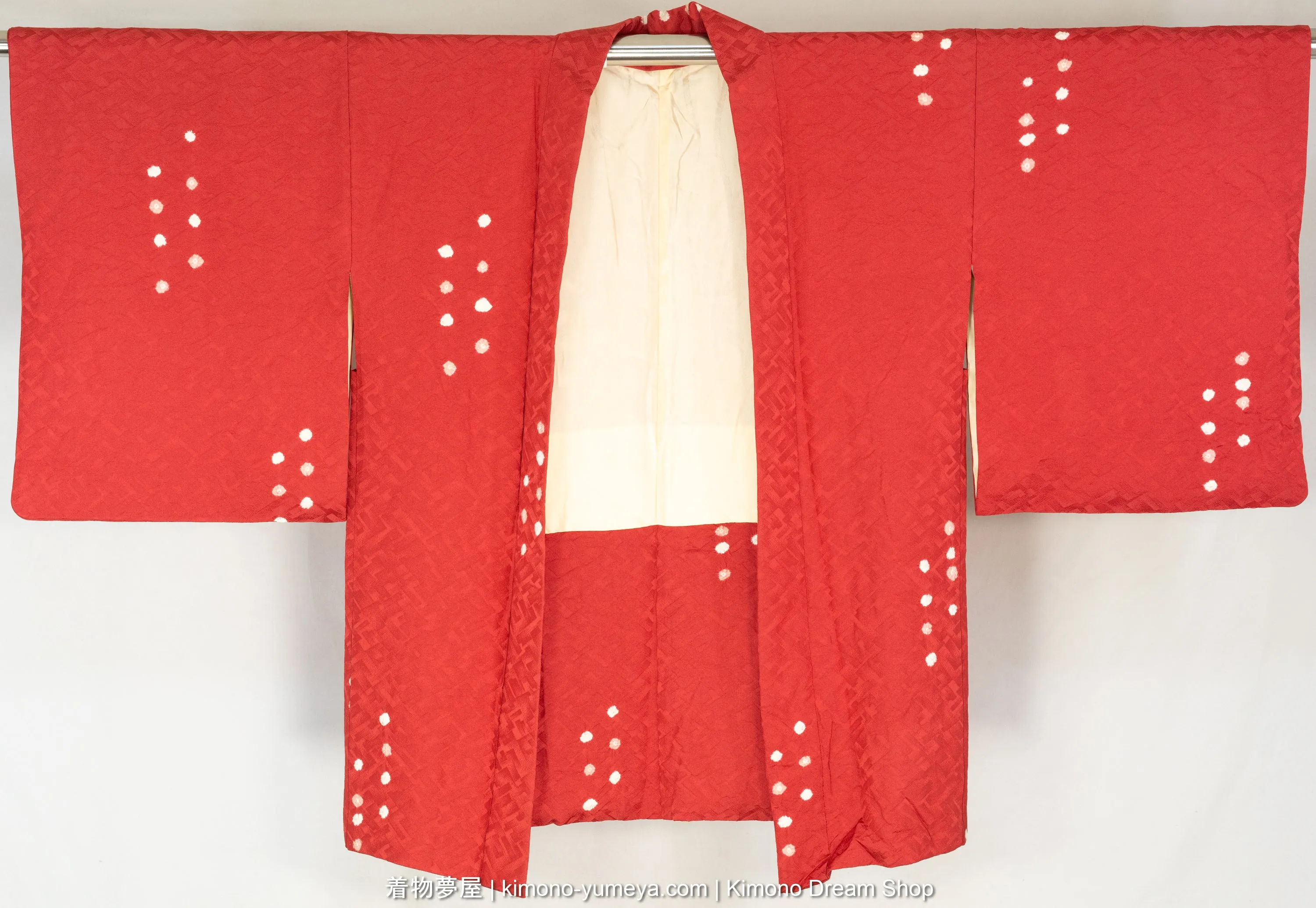 Vintage Red with White Shibori Spots Women's Haori - Traditional Japanese Kimono Jacket - High Quality Rinzu Silk