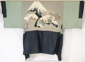 Vintage Silk Oshima Tsumugi Men's Haori with Ancient Scenery in Fans - Hand Painted Silk Lining - Mount Fuji - 1960s Kimono Jacket - Black Blue