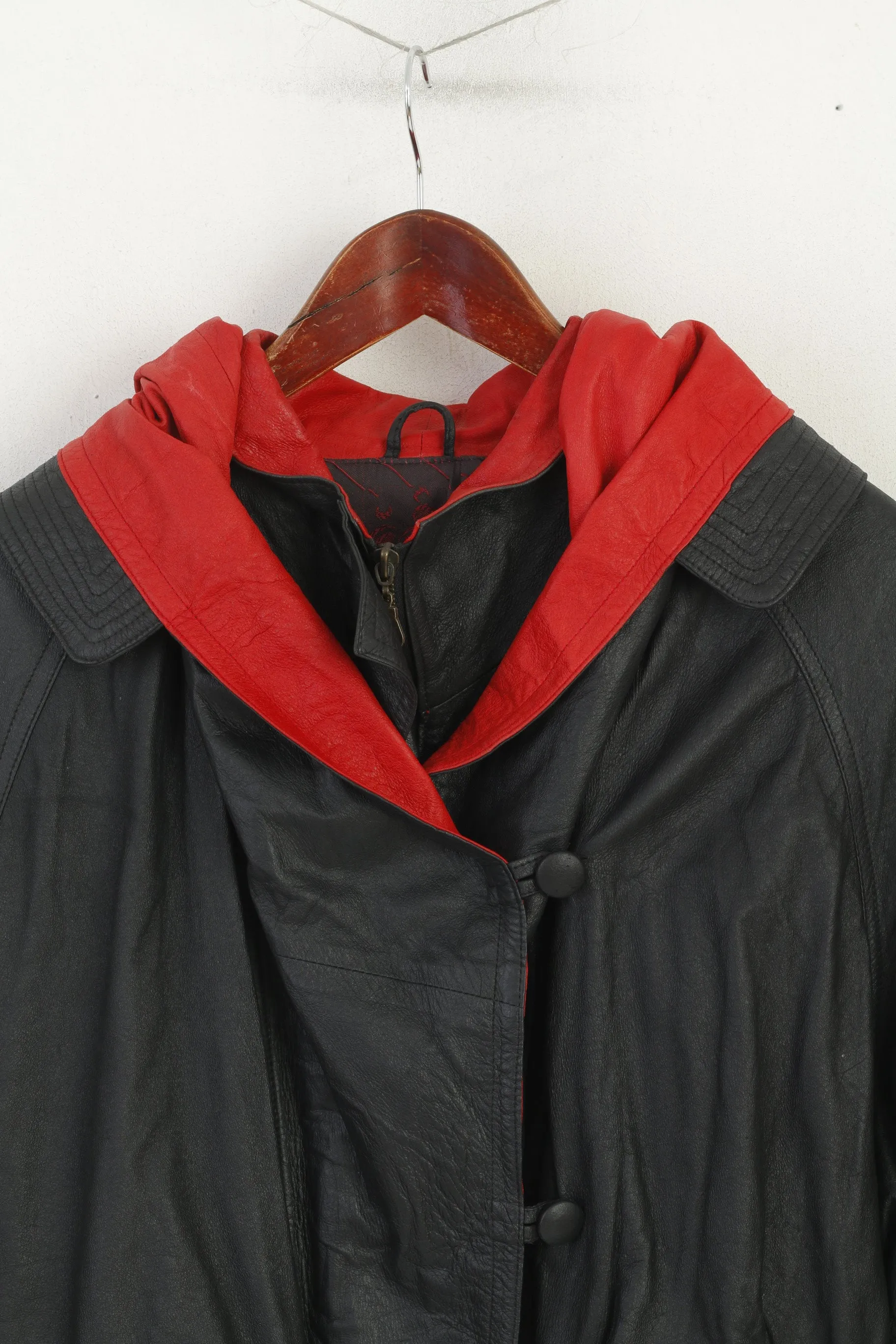 Vintage Women L Leather Jacket Black Red Hood Shoulder Pads Retro Style Parka