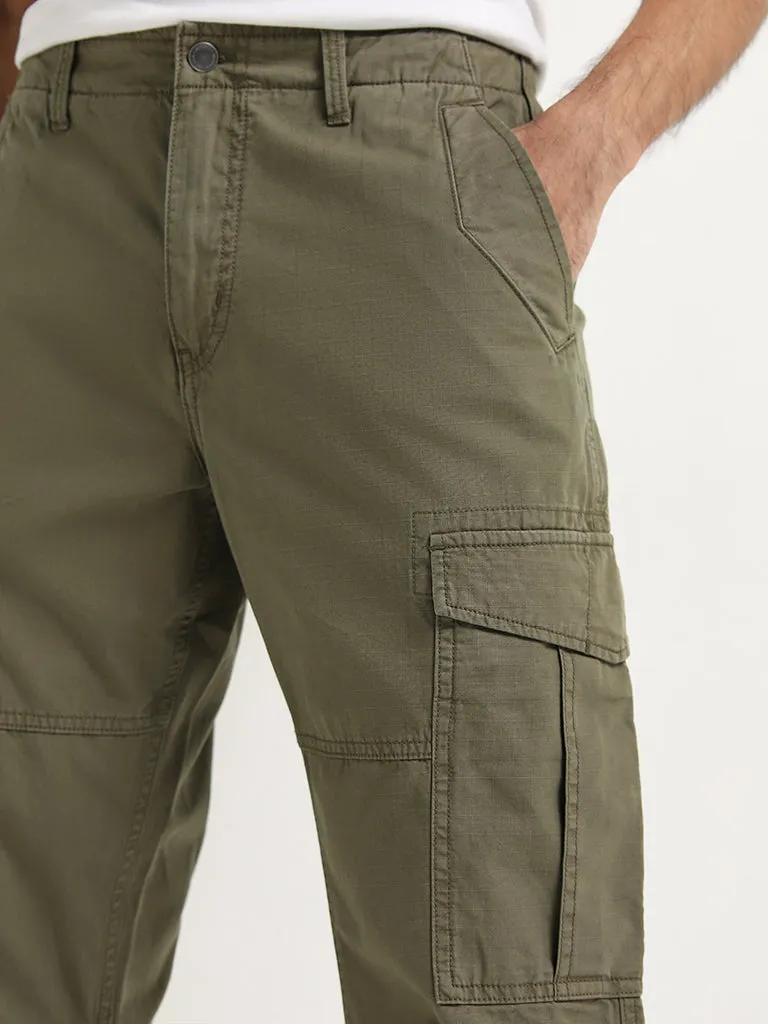 WES Casuals Olive Cargo-Style Relaxed-Fit Mid-Rise Trousers