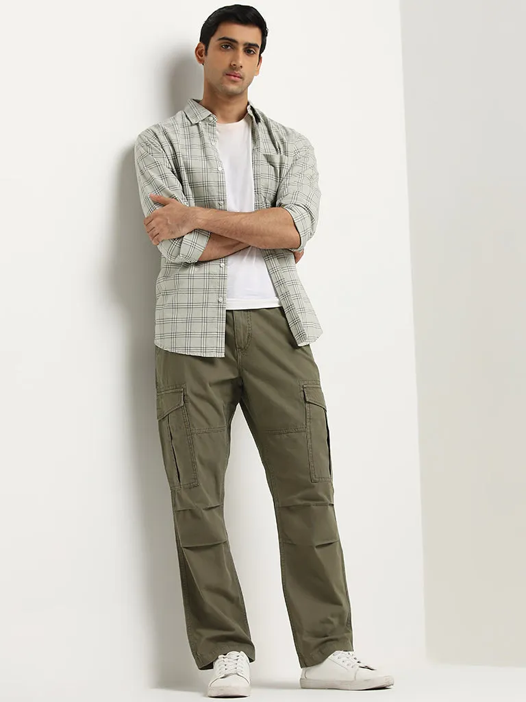 WES Casuals Olive Cargo-Style Relaxed-Fit Mid-Rise Trousers