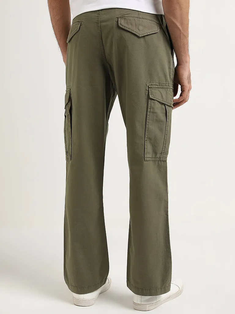 WES Casuals Olive Cargo-Style Relaxed-Fit Mid-Rise Trousers