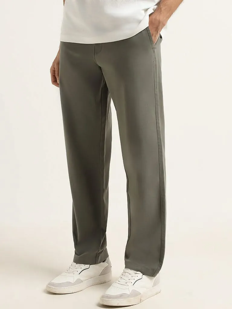 WES Casuals Olive Cotton Plain Relaxed Fit Pants