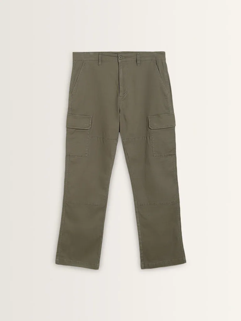 WES Casuals Olive Relaxed-Fit Mid-Rise Cotton Blend Pants