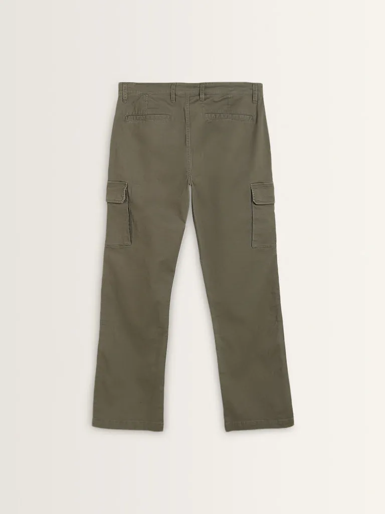 WES Casuals Olive Relaxed-Fit Mid-Rise Cotton Blend Pants