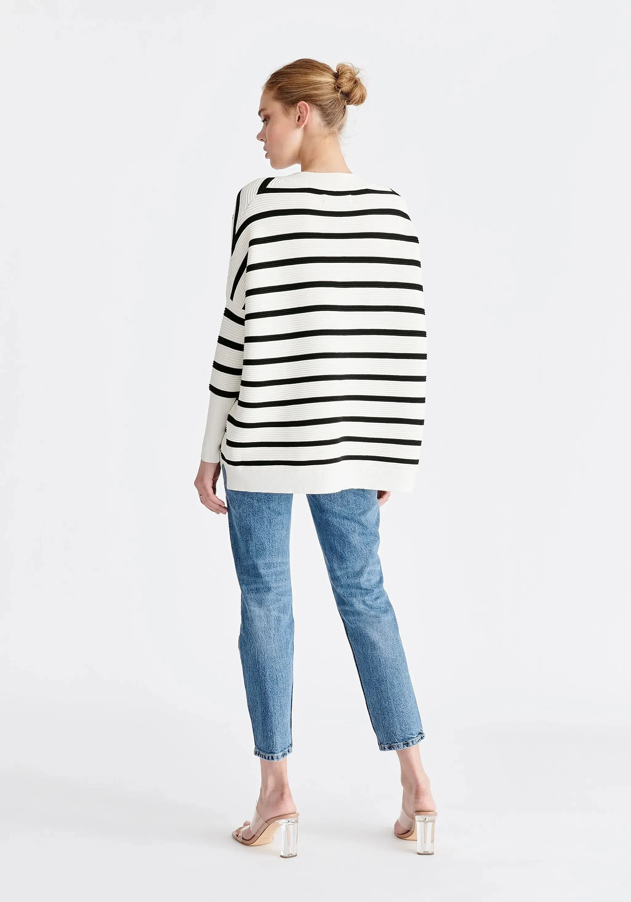 White and Black V-Neck Ribbed Jumper