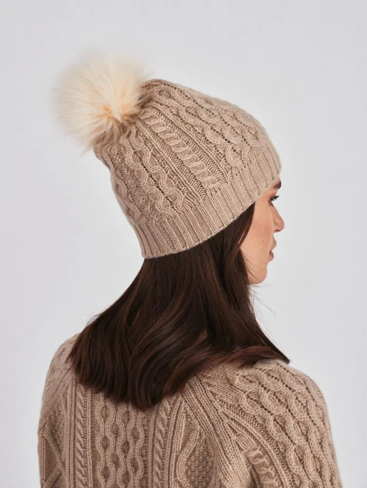 White   Warren - Cashmere Cable Pom Hat in Toffee Heather/Natural