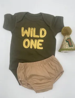 Wild One Theme Set olive green bodysuit and tan diaper cover and Birthday Hat