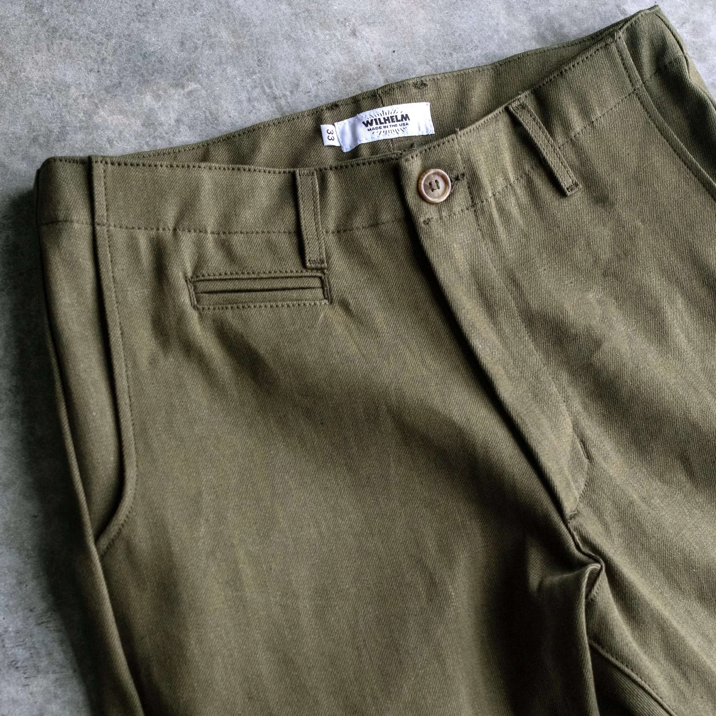 Wilhelm Selvedge Chino 13oz Military Olive Denim Sz 33 & 34