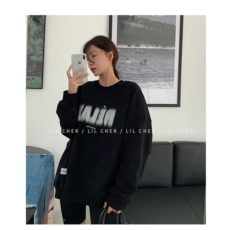 Wjczt White Womens Pullover Sweatshirt Long Sleeve Baggy American Lazy Style Letter Printing Crew Neck Casual Female Tops Pullover