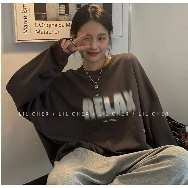 Wjczt White Womens Pullover Sweatshirt Long Sleeve Baggy American Lazy Style Letter Printing Crew Neck Casual Female Tops Pullover