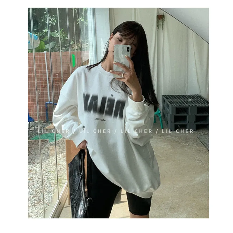 Wjczt White Womens Pullover Sweatshirt Long Sleeve Baggy American Lazy Style Letter Printing Crew Neck Casual Female Tops Pullover