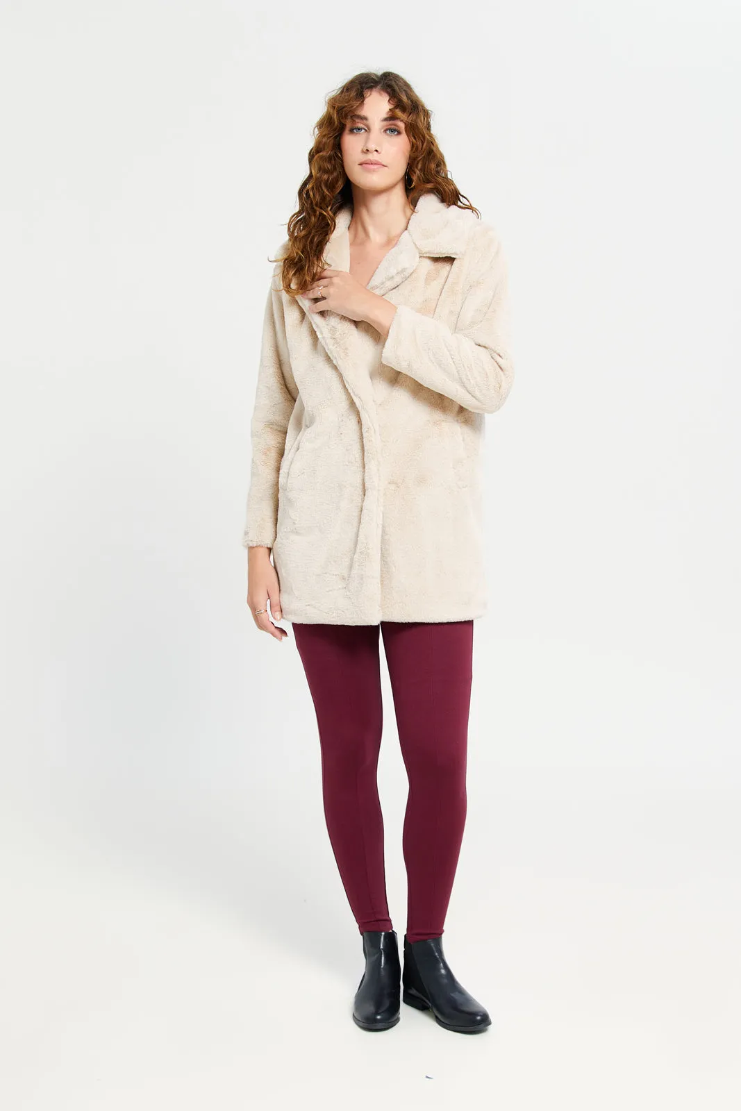 Women Beige Faux Fur Coat