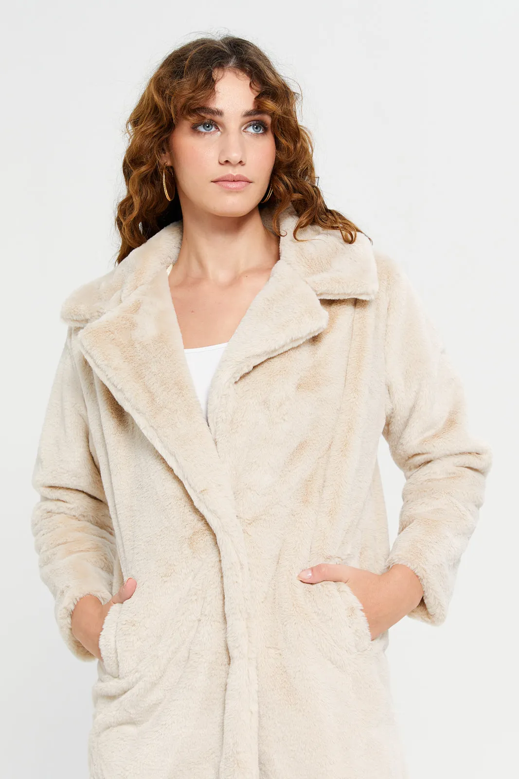 Women Beige Faux Fur Coat