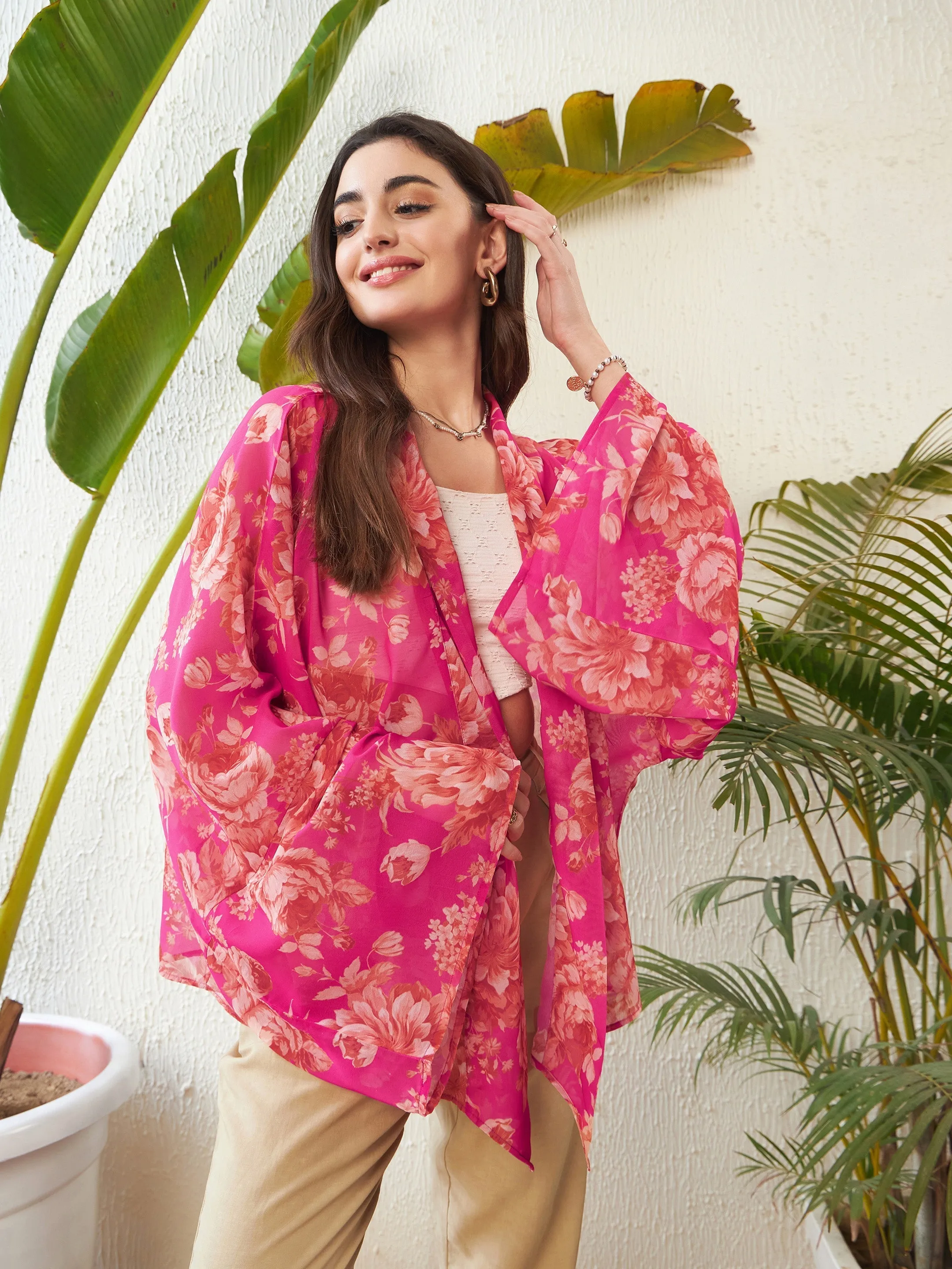 Women Pink Floral Front Open Kimono Shrug