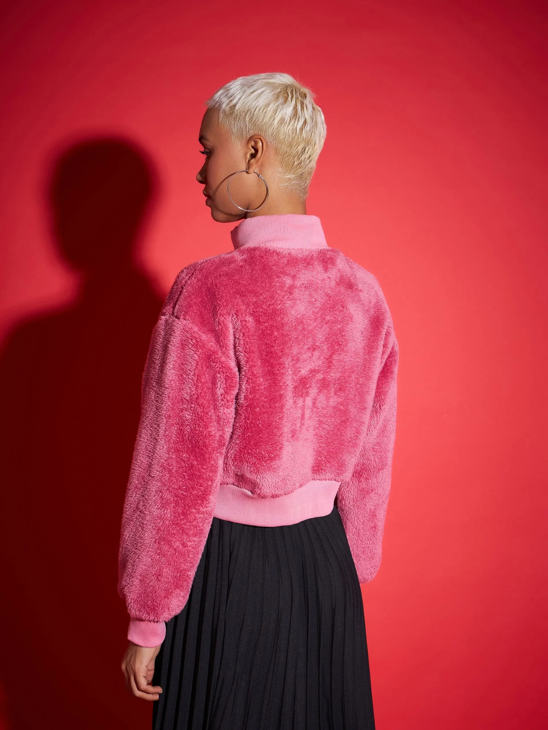 Women Pink Fur High Neck Crop Bomber Jacket