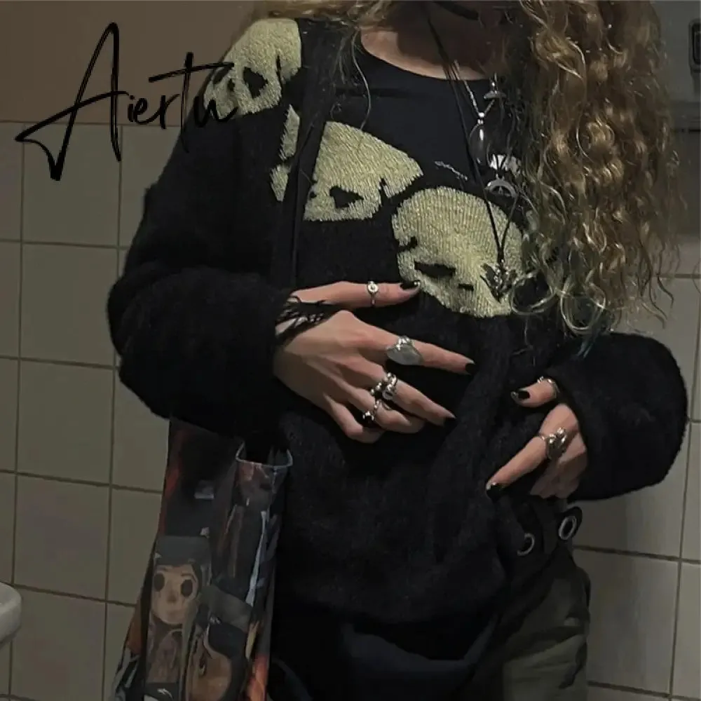 Women Skull Print Long Sleeve Tops Goth Sweater Punk Fairy Grunge Sexy V-Neck Knitted Clothes Pullovers vintage club jumper y2k