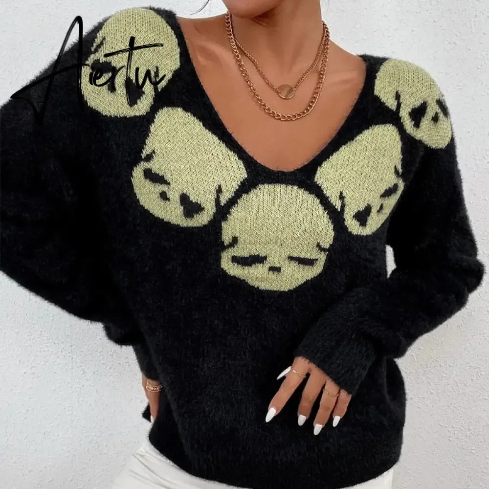 Women Skull Print Long Sleeve Tops Goth Sweater Punk Fairy Grunge Sexy V-Neck Knitted Clothes Pullovers vintage club jumper y2k