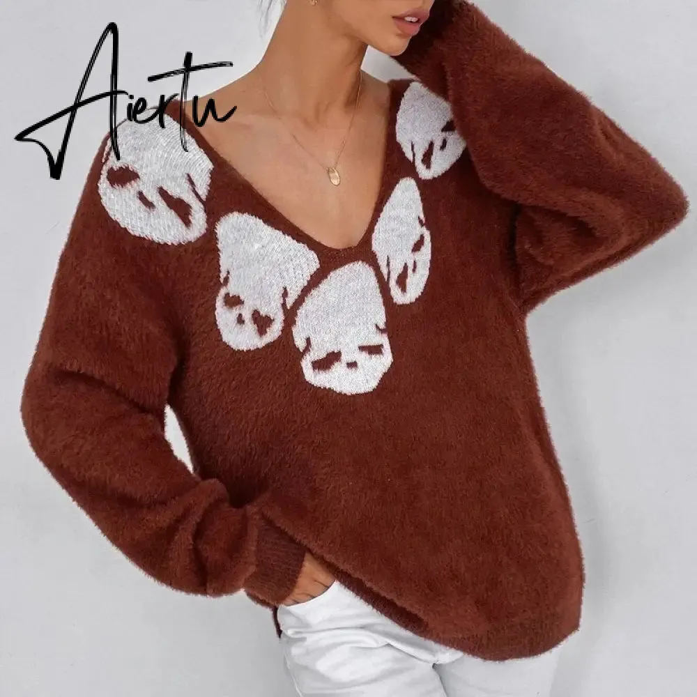 Women Skull Print Long Sleeve Tops Goth Sweater Punk Fairy Grunge Sexy V-Neck Knitted Clothes Pullovers vintage club jumper y2k