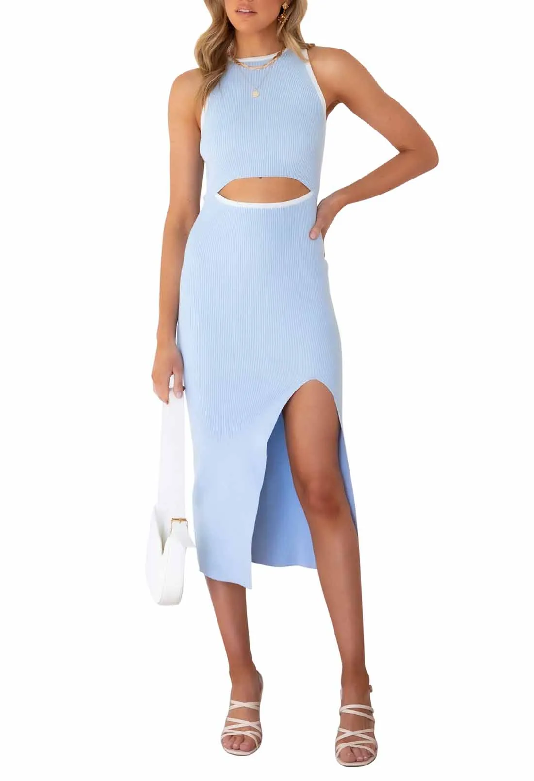 Women's Cutout Midi Dress Ribbed Knit Sleeveless Tank Bodycon Dress