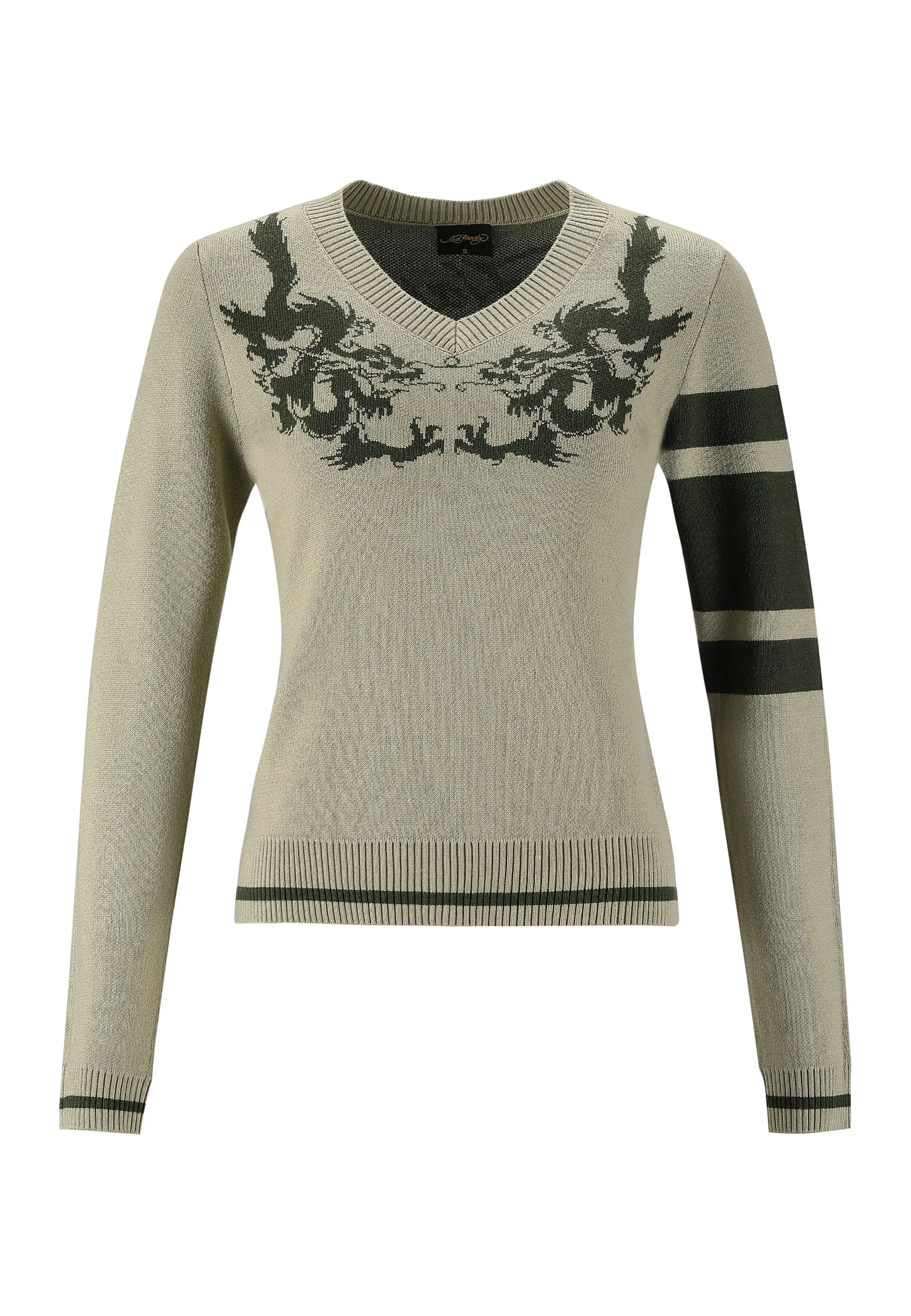 Womens Dancing Dragon V Neck Knitted Jumper - Green