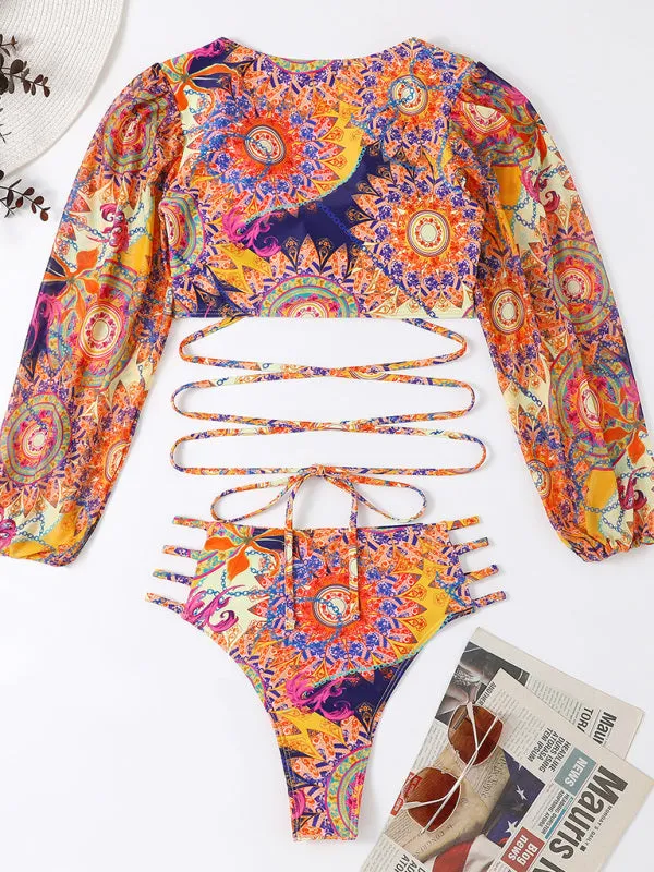 Women's Ethnic Printed Mesh Long Sleeve Bikini Set