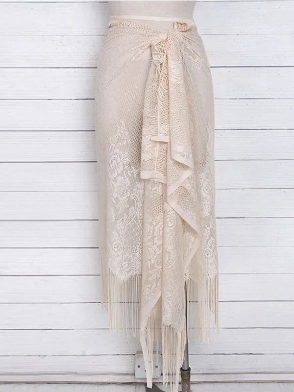 Women's hollow beach lace fringed blouse skirt