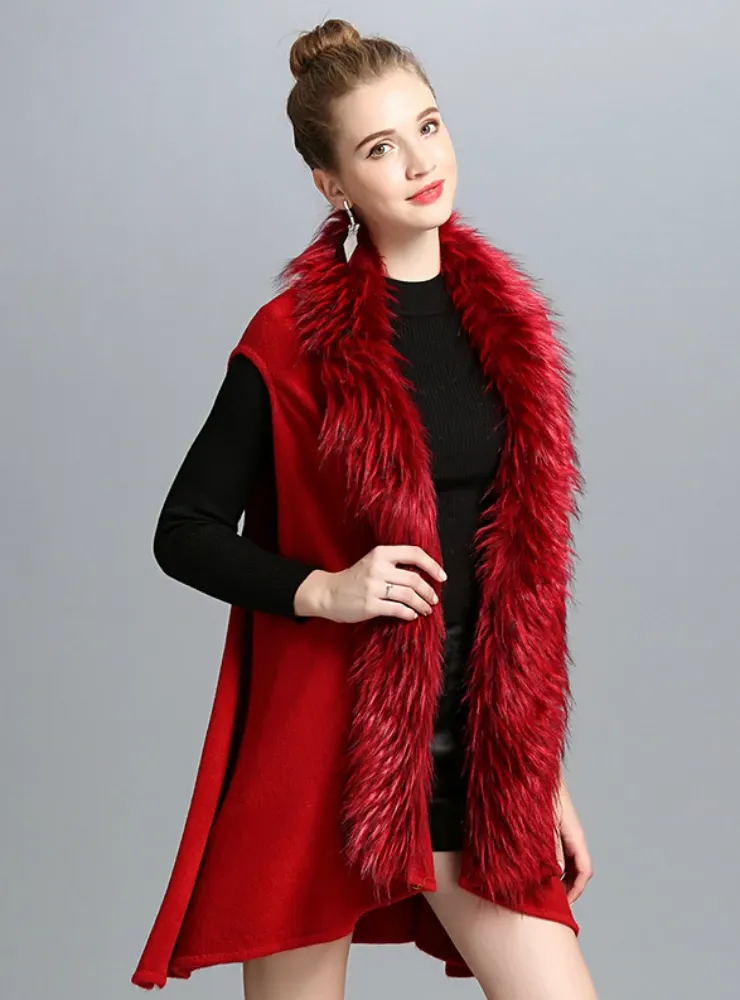 WOMEN'S IMITATE FOX FUR COLLAR KNITTED CARDIGAN VESTS